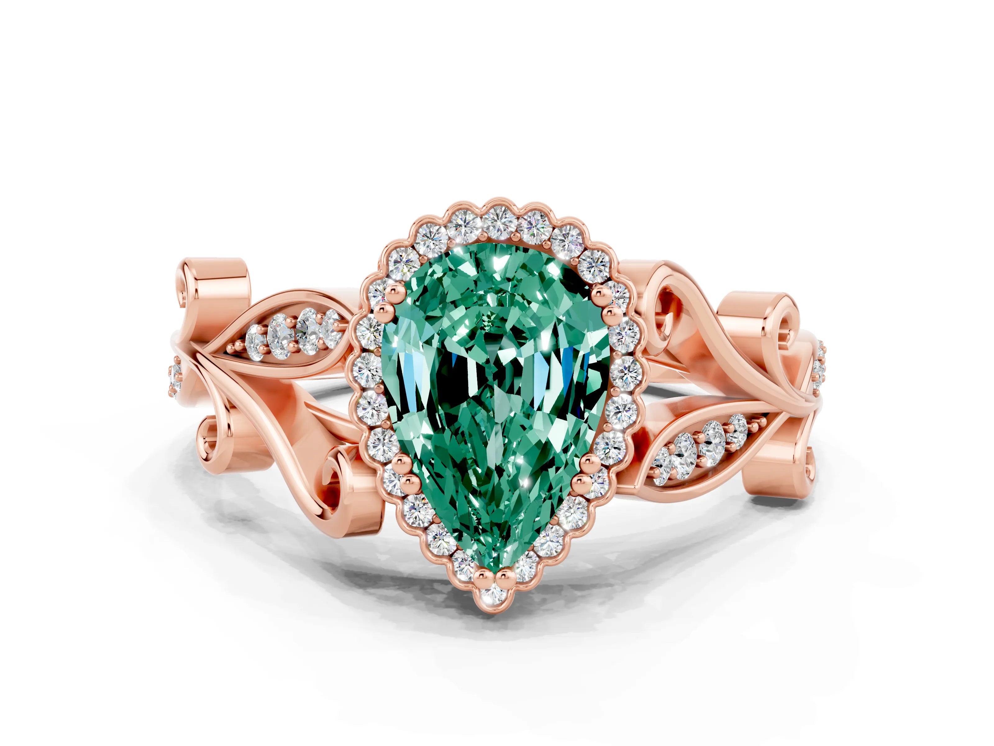 Rose gold Pear Cut Green Sapphire Halo Ring with Vintage Split Shank and Four-Prong Setting