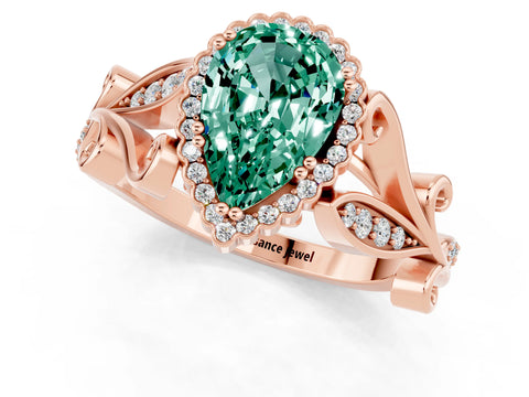 Rose gold Pear Cut Green Sapphire Halo Ring with Vintage Split Shank and Four-Prong Setting_1