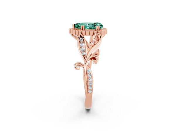 Rose gold Pear Cut Green Sapphire Halo Ring with Vintage Split Shank and Four-Prong Setting