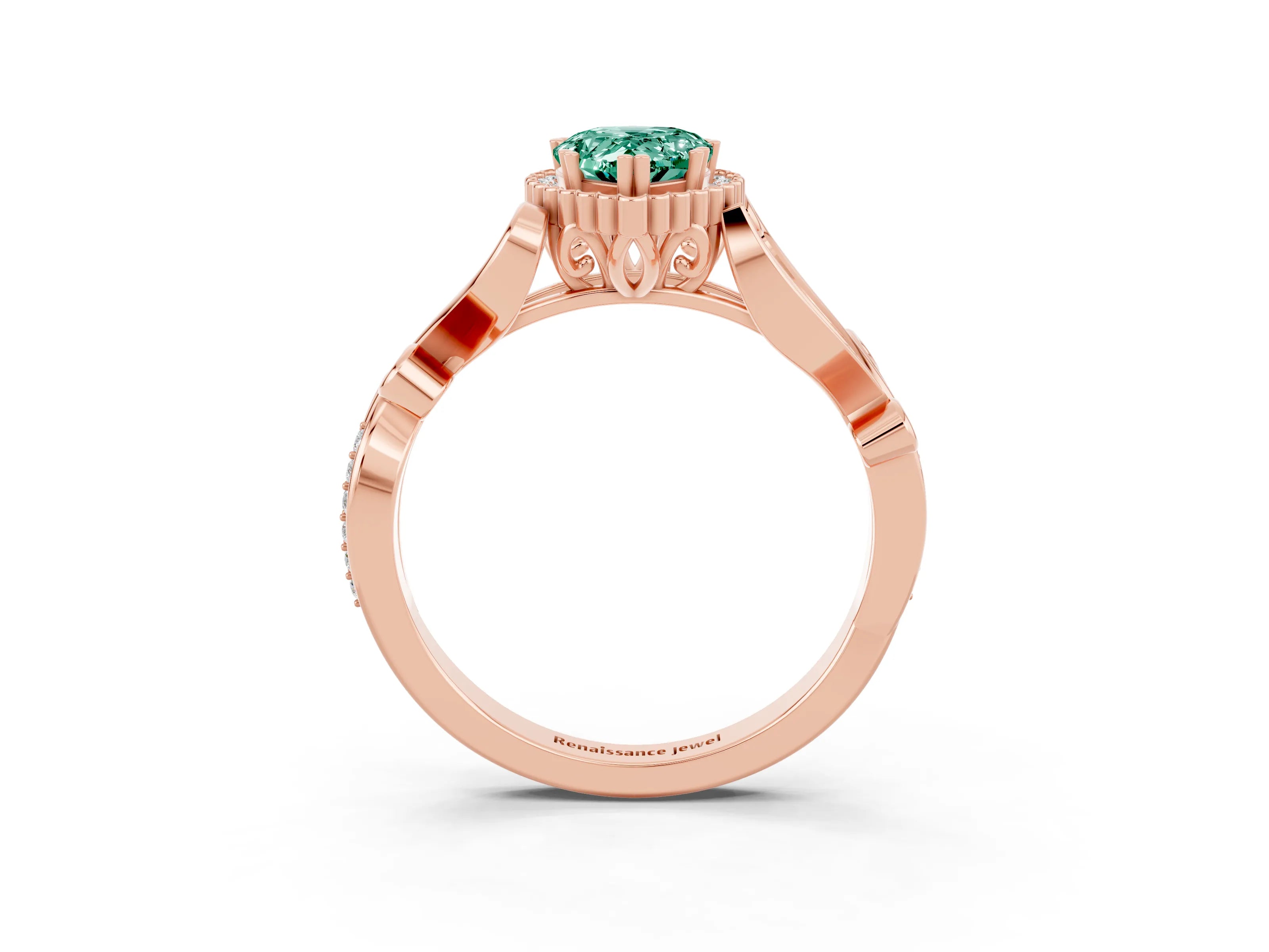 Rose gold Pear Cut Green Sapphire Halo Ring with Vintage Split Shank and Four-Prong Setting_3