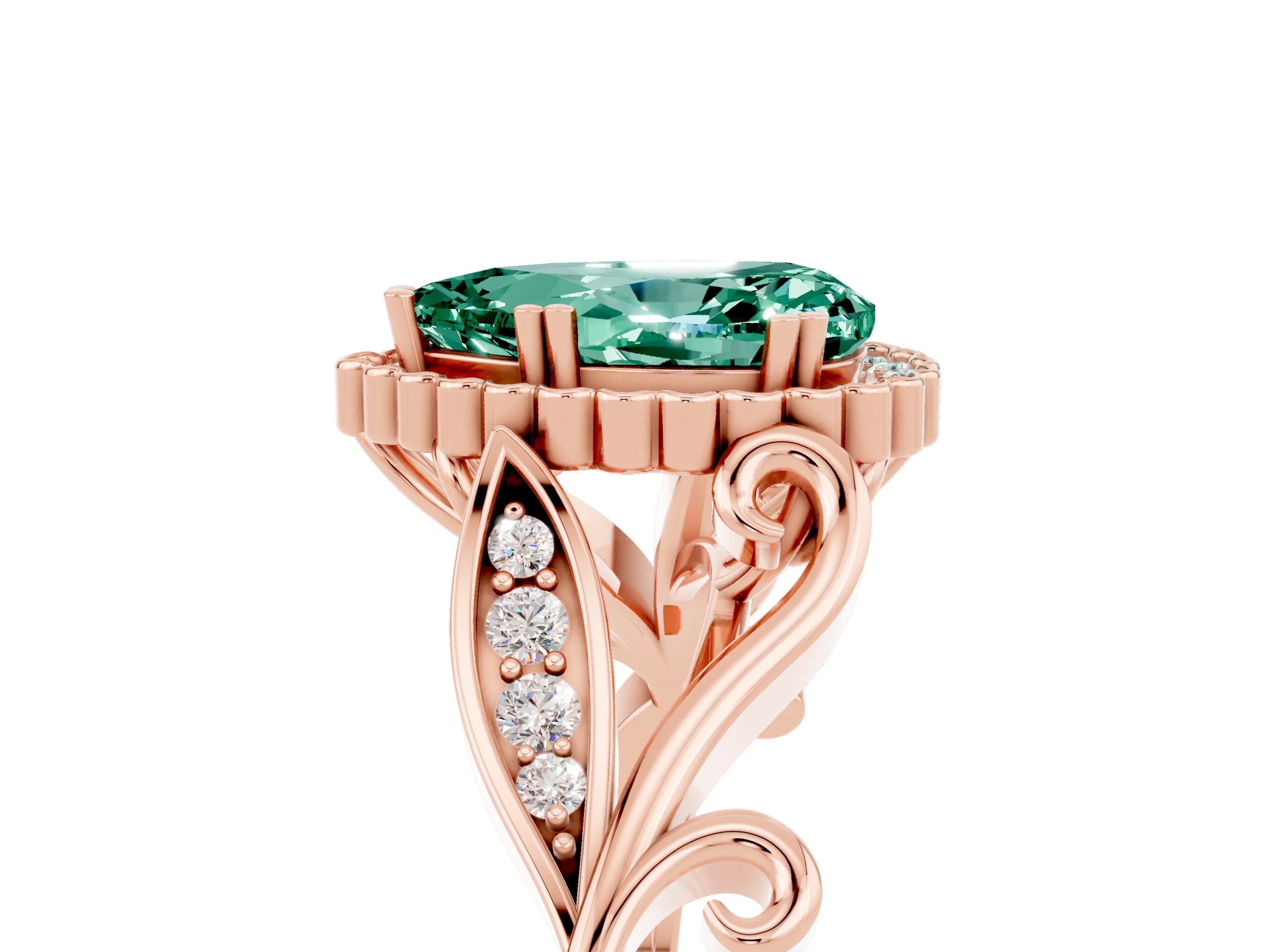 Rose gold Pear Cut Green Sapphire Halo Ring with Vintage Split Shank and Four-Prong Setting_5