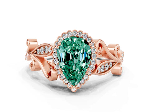 Rose gold Pear Cut Green Sapphire Halo Ring with Vintage Split Shank and Four-Prong Setting