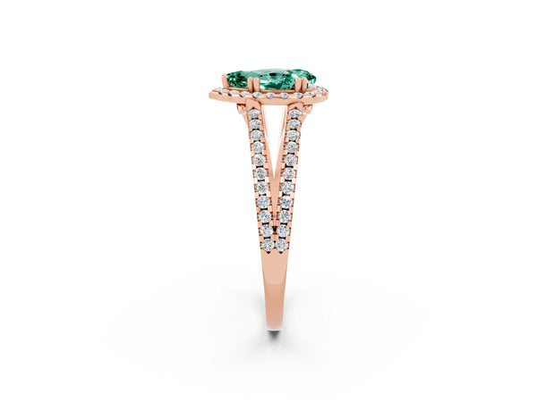 Rose gold Pear Cut Green Sapphire Halo Split Shank Engagement Ring