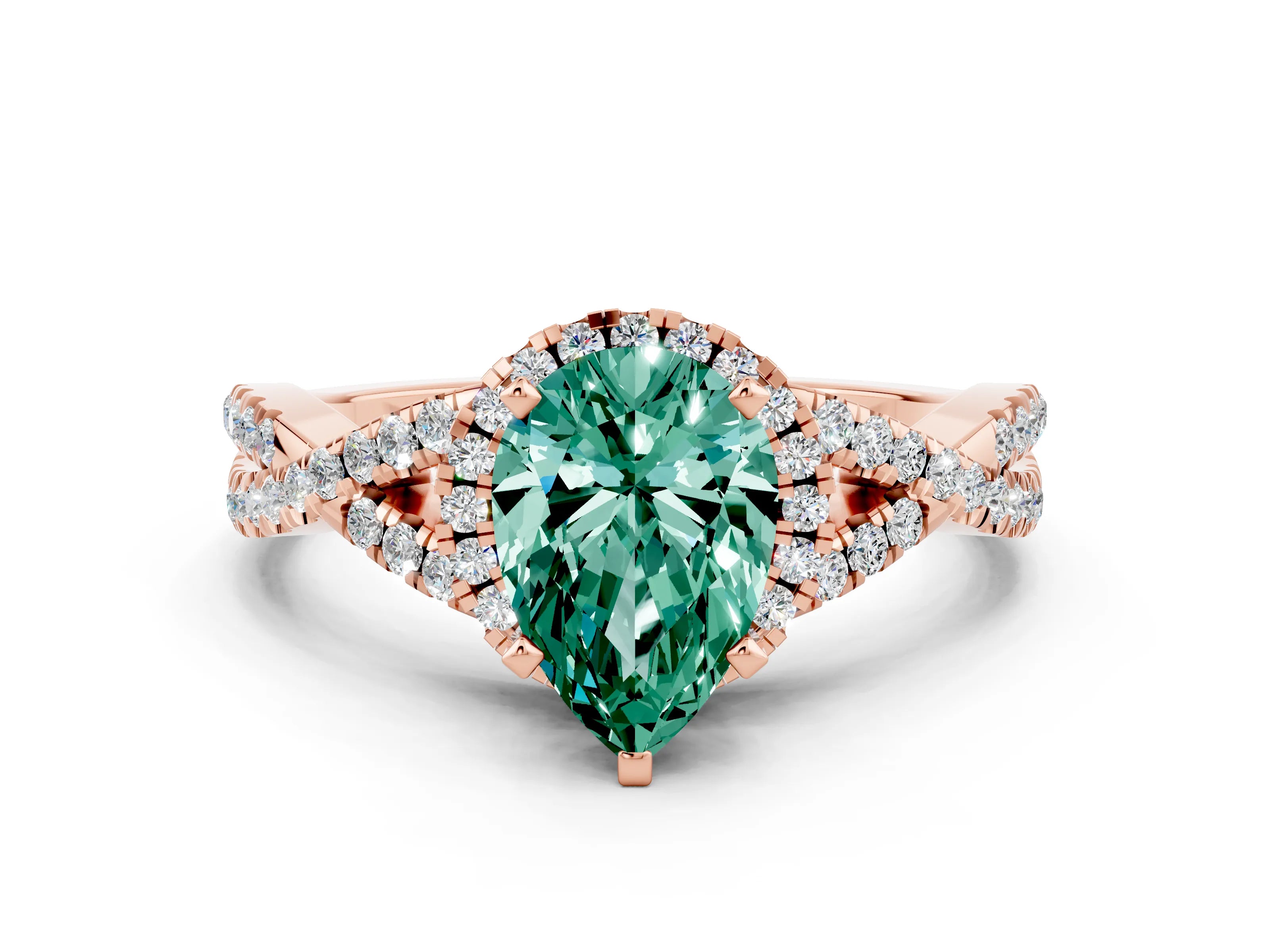Rose gold Pear Cut Green Sapphire Halo Twist Band Solitaire Prong Setting Ring