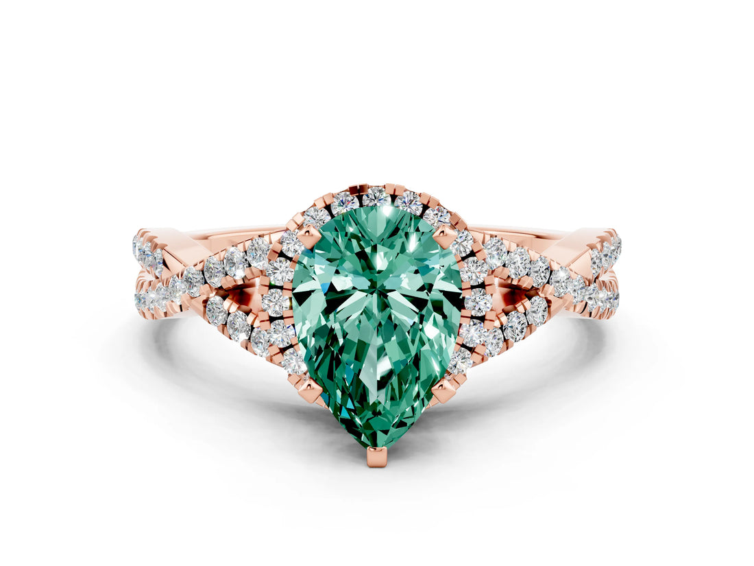 Rose gold Pear Cut Green Sapphire Halo Twist Band Solitaire Prong Setting Ring