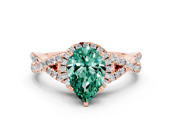 Rose gold Pear Cut Green Sapphire  Halo Twist Band Solitaire Prong Setting Ring