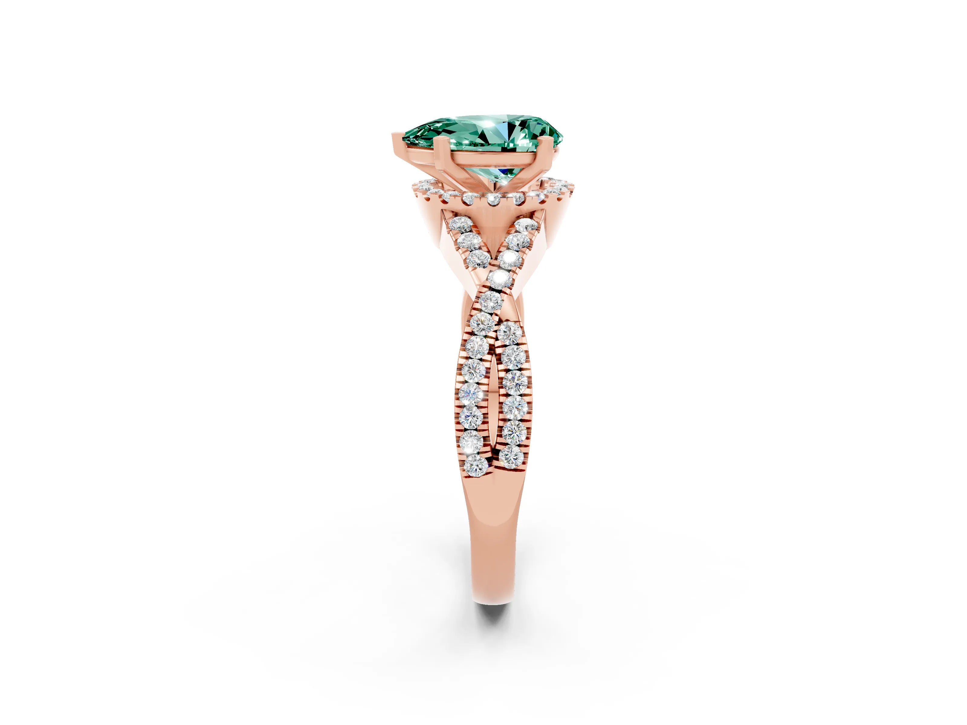 Rose gold Pear Cut Green Sapphire Halo Twist Band Solitaire Prong Setting Ring_2
