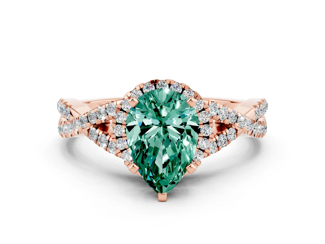 Rose gold Pear Cut Green Sapphire  Halo Twist Band Solitaire Prong Setting Ring_42