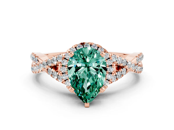 Rose gold Pear Cut Green Sapphire  Halo Twist Band Solitaire Prong Setting Ring