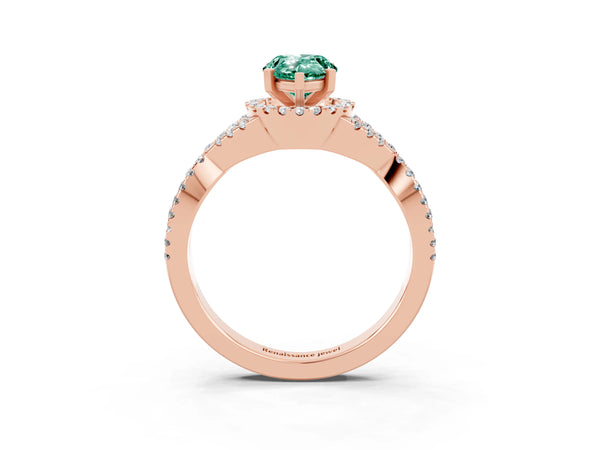 Rose gold Pear Cut Green Sapphire  Halo Twist Band Solitaire Prong Setting Ring