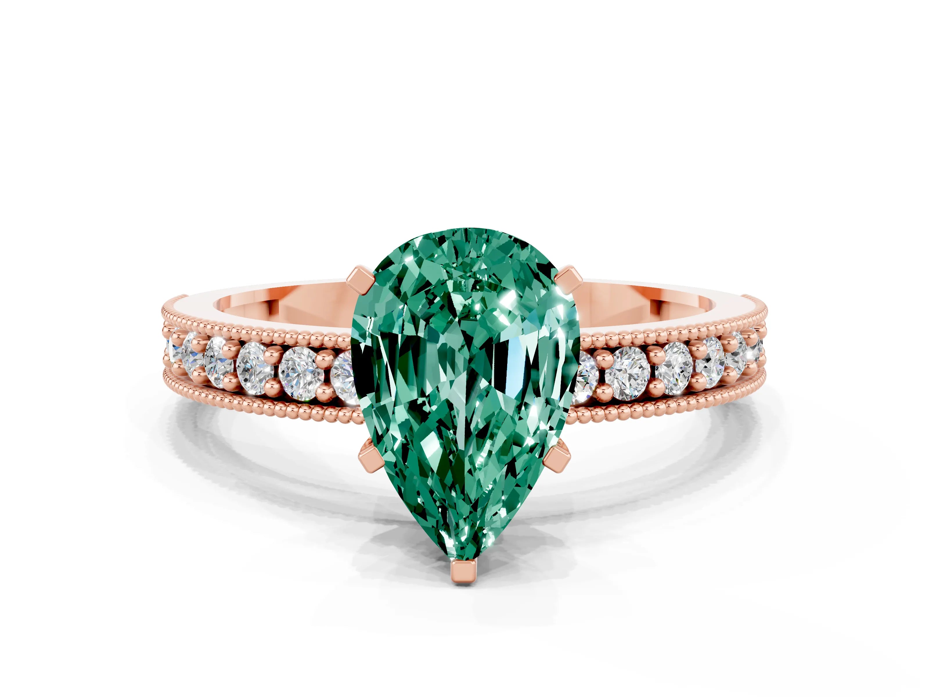 Rose gold Pear Cut Green Sapphire Milgrain Pavé Engagement Ring with Four-Prong Setting
