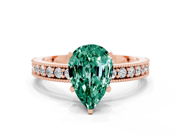 Rose gold Pear Cut Green Sapphire Milgrain Pavé Engagement Ring with Four-Prong Setting