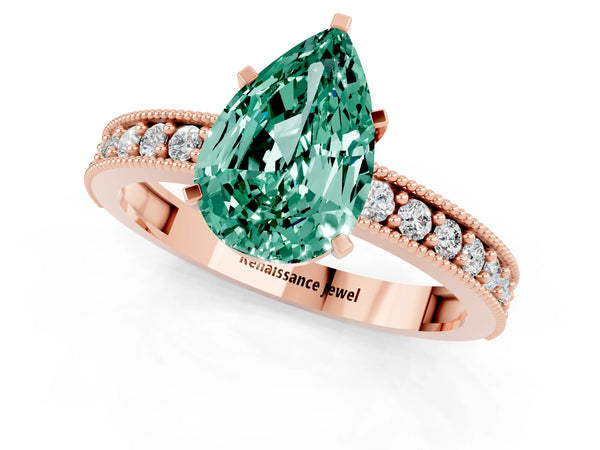 Rose gold Pear Cut Green Sapphire Milgrain Pavé Engagement Ring with Four-Prong Setting