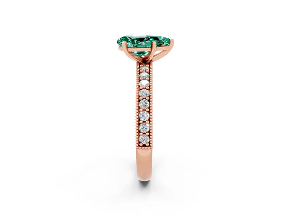 Rose gold Pear Cut Green Sapphire Milgrain Pavé Engagement Ring with Four-Prong Setting