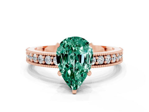 Rose gold Pear Cut Green Sapphire Milgrain Pavé Engagement Ring with Four-Prong Setting