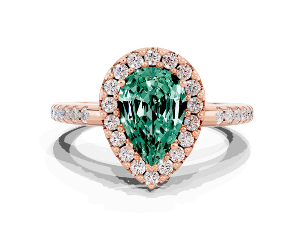 Rose gold Pear Cut Green Sapphire Pavé Halo Ring with Four-Prong Setting