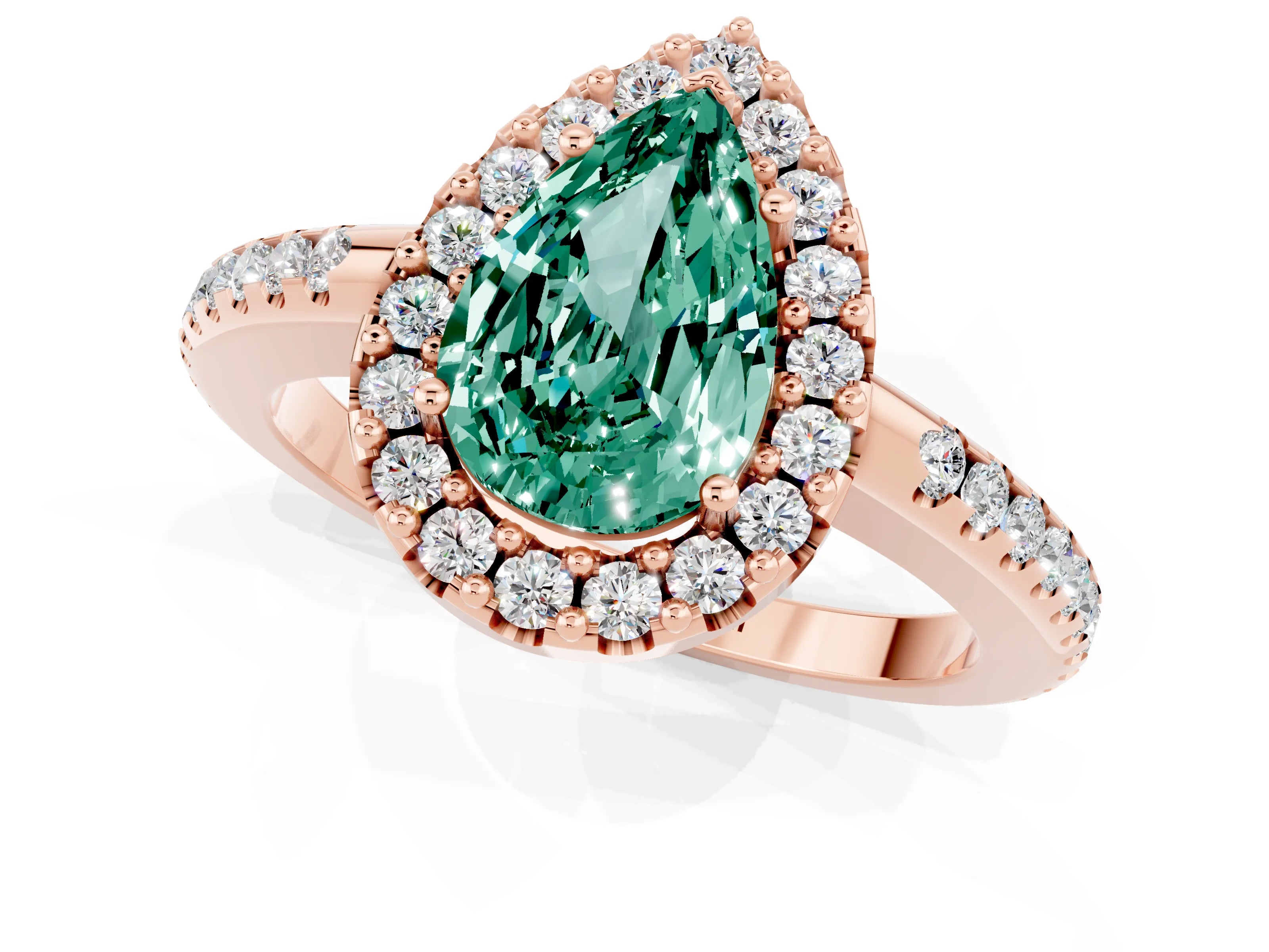 Rose gold Pear Cut Green Sapphire Pavé Halo Ring with Four-Prong Setting_13