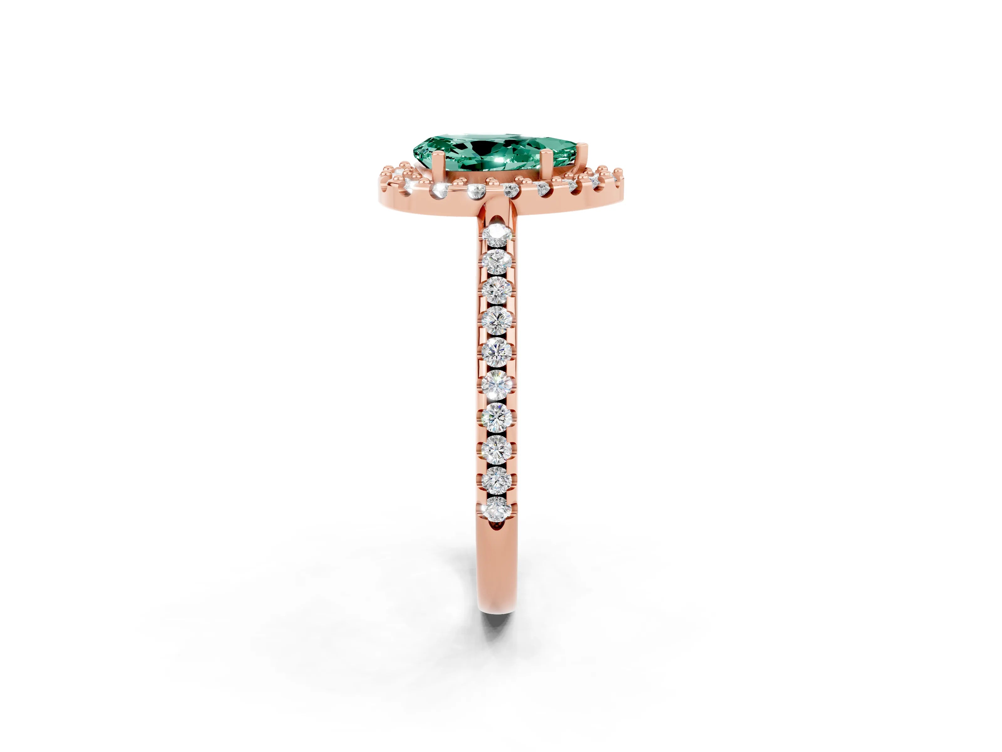 Rose gold Pear Cut Green Sapphire Pavé Halo Ring with Four-Prong Setting_14