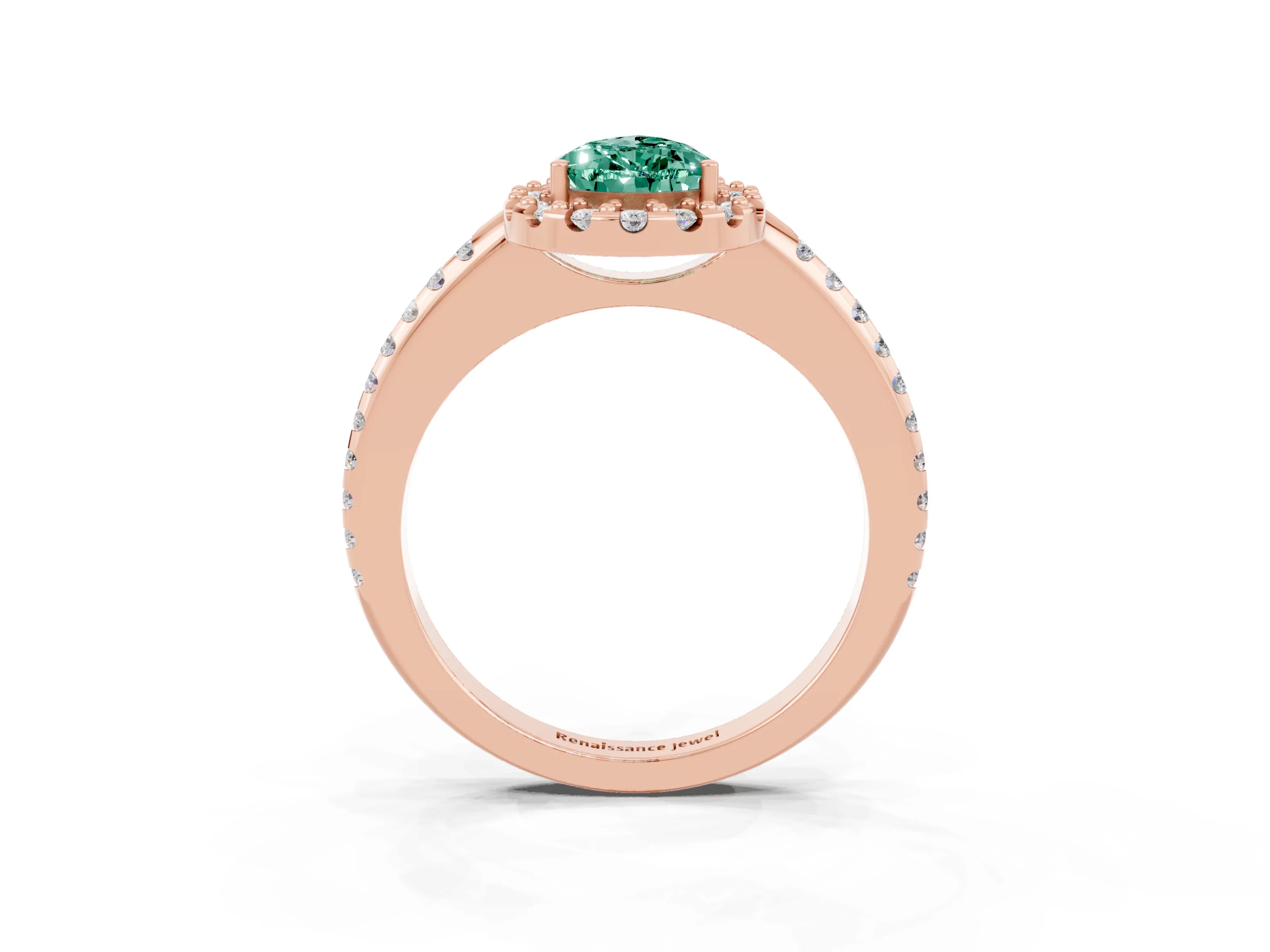 Rose gold Pear Cut Green Sapphire Pavé Halo Ring with Four-Prong Setting_15