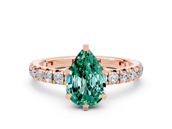Rose gold Pear Cut Green Sapphire Pavé Solitaire Ring with Round Band and Prong Setting