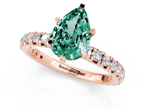 Rose gold Pear Cut Green Sapphire Pavé Solitaire Ring with Round Band and Prong Setting