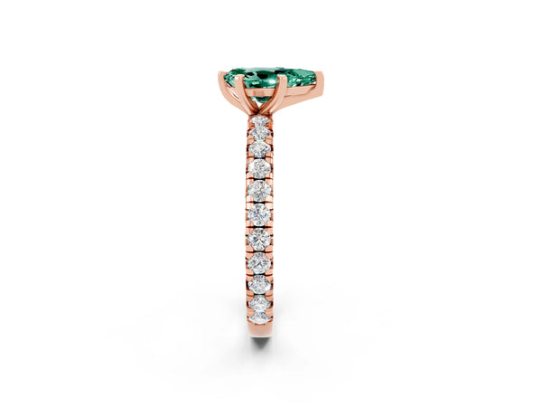 Rose gold Pear Cut Green Sapphire Pavé Solitaire Ring with Round Band and Prong Setting