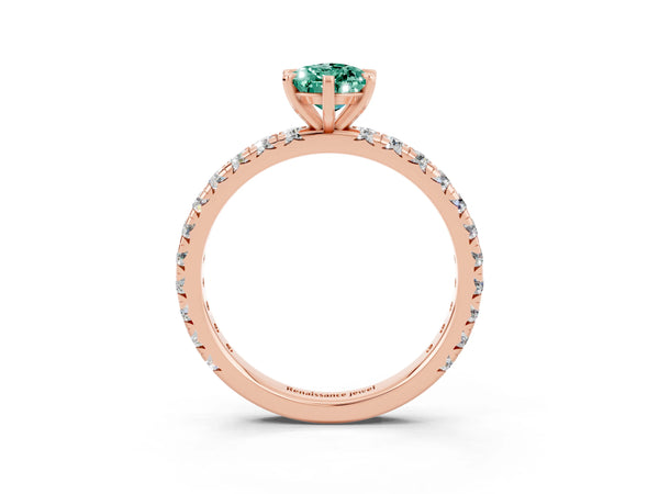 Rose gold Pear Cut Green Sapphire Pavé Solitaire Ring with Round Band and Prong Setting