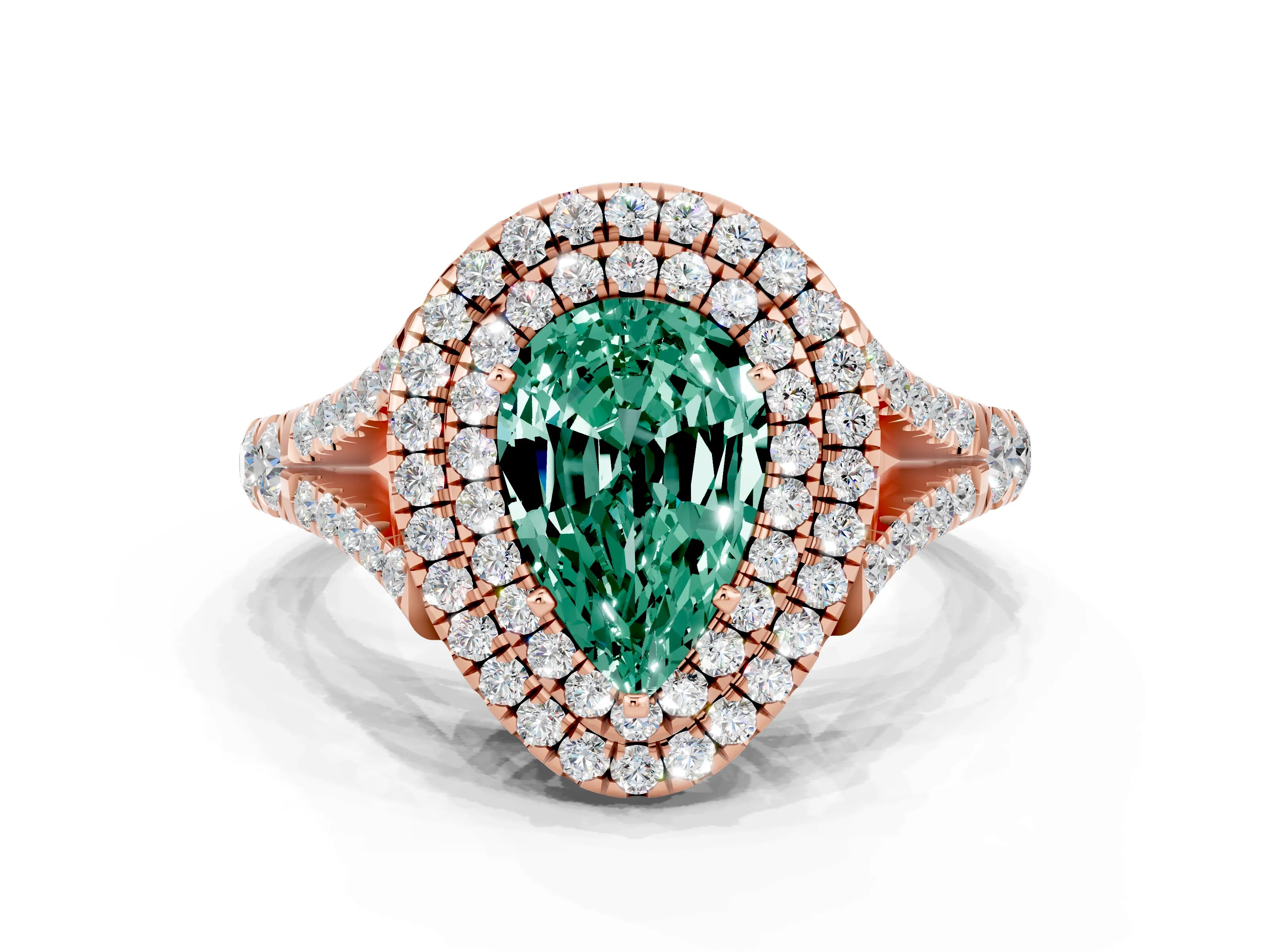 Rose gold Pear Cut Green Sapphire Pavé Split Shank Double Halo Engagement Ring