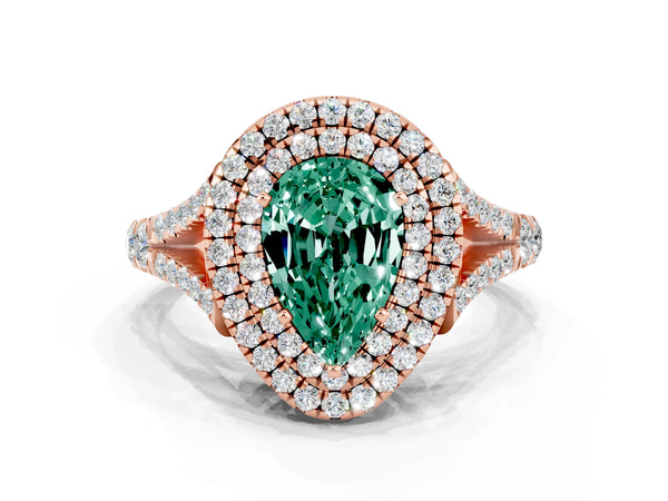 Rose gold Pear Cut Green Sapphire Pavé Split Shank Double Halo Engagement Ring