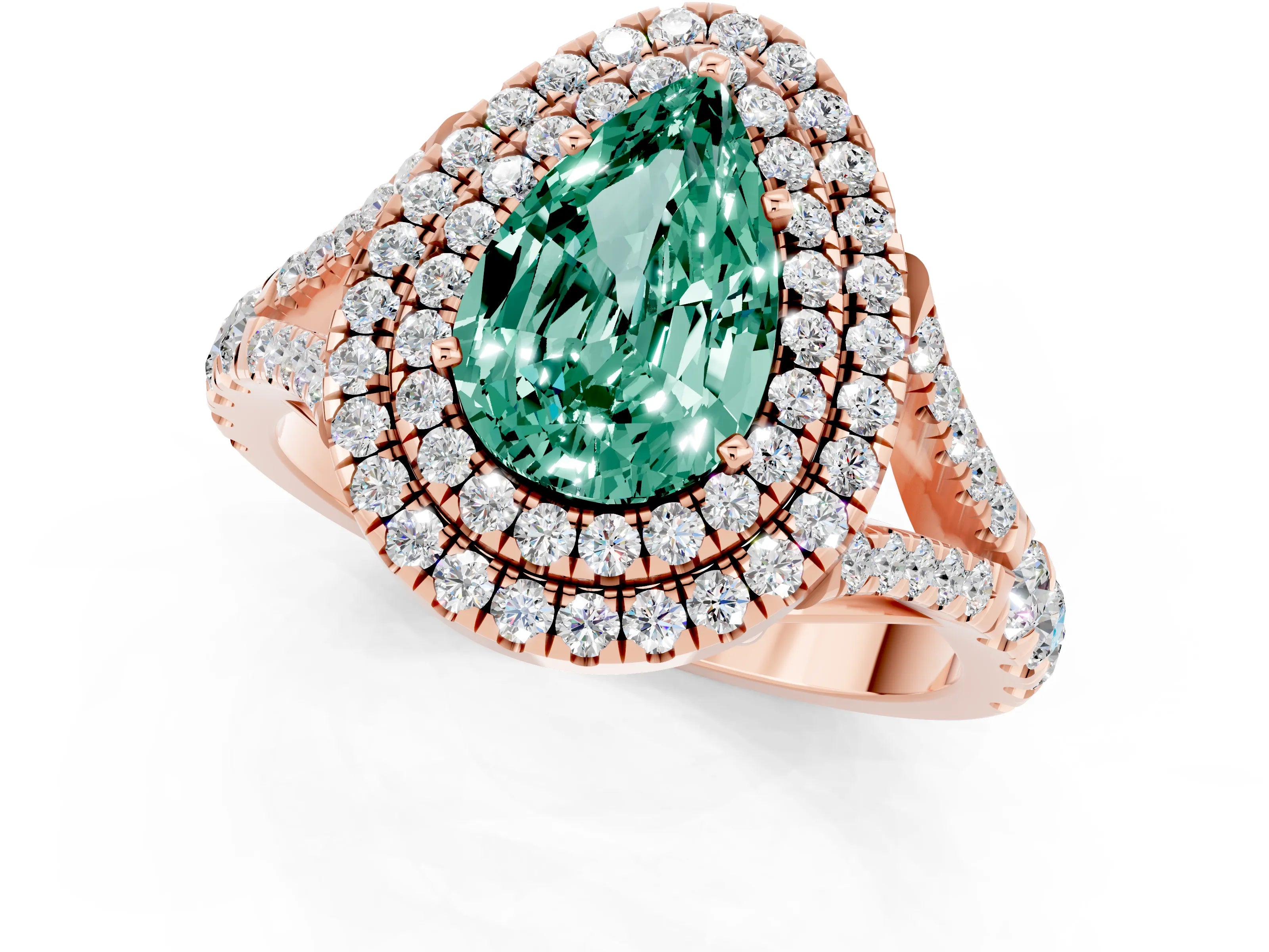 Rose gold Pear Cut Green Sapphire Pavé Split Shank Double Halo Engagement Ring_1