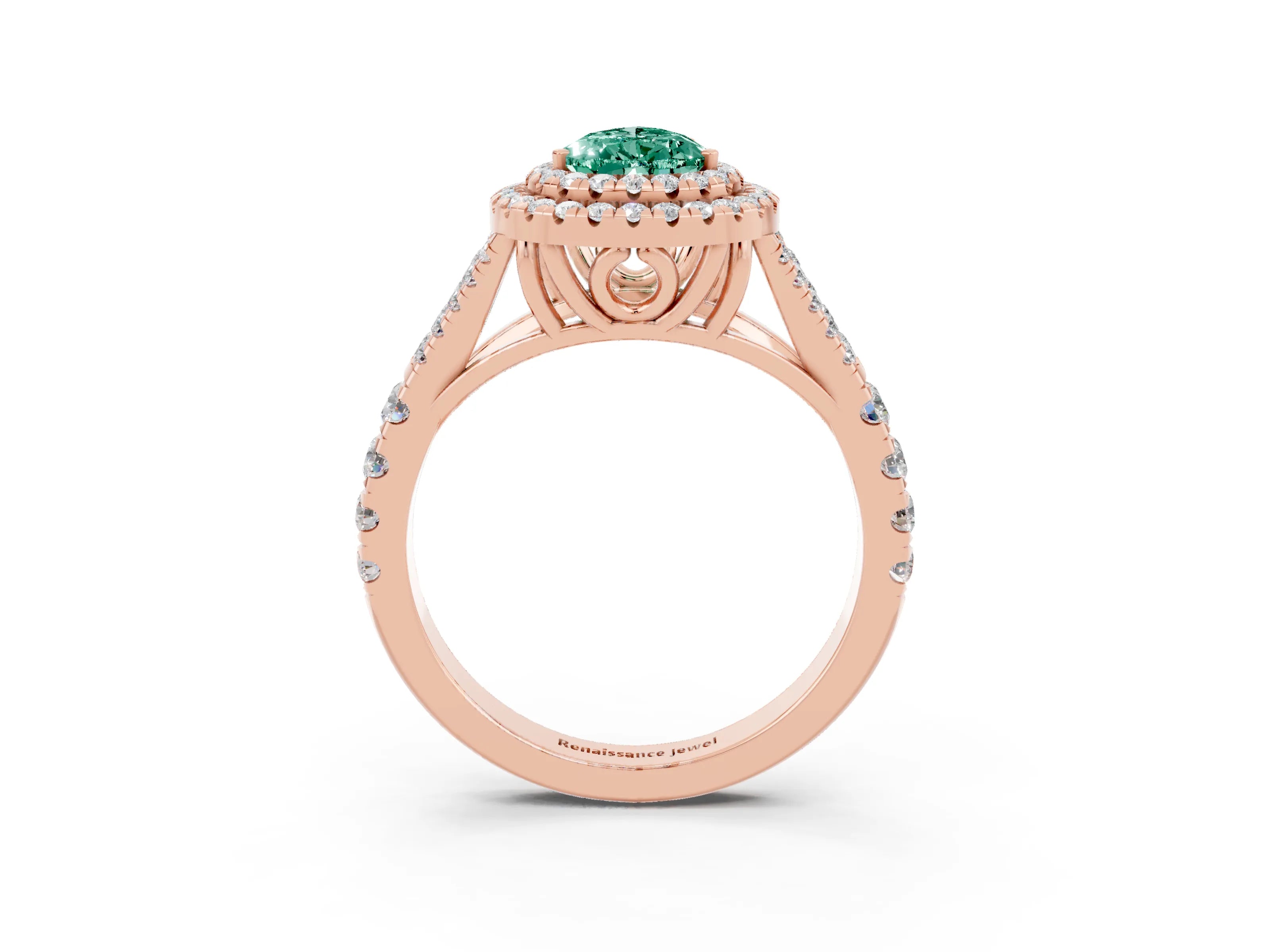 Rose gold Pear Cut Green Sapphire Pavé Split Shank Double Halo Engagement Ring_3
