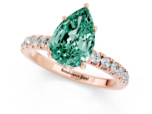 Rose gold Pear Cut Green Sapphire Pave Band Solitaire Ring with Round  and Prong Setting