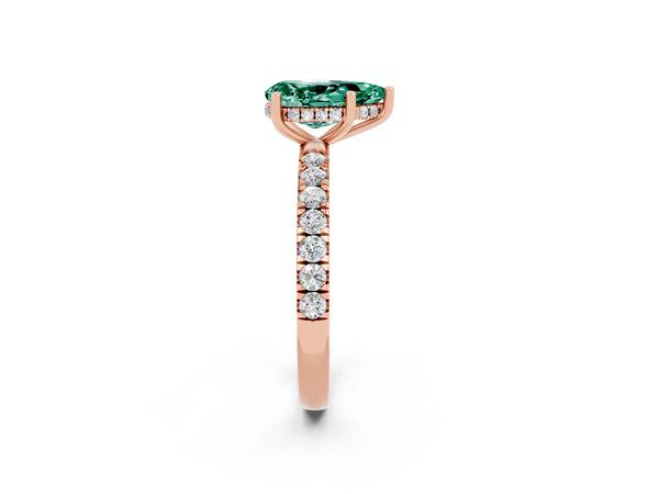 Rose gold Pear Cut Green Sapphire Pave Band Solitaire Ring with Round  and Prong Setting