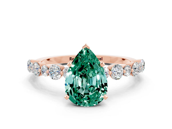 Rose gold Pear Cut Green Sapphire Prong Set Engagement Ring with Pavé Band