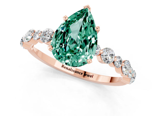 Rose gold Pear Cut Green Sapphire Prong Set Engagement Ring with Pavé Band
