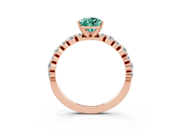 Rose gold Pear Cut Green Sapphire Prong Set Engagement Ring with Pavé Band
