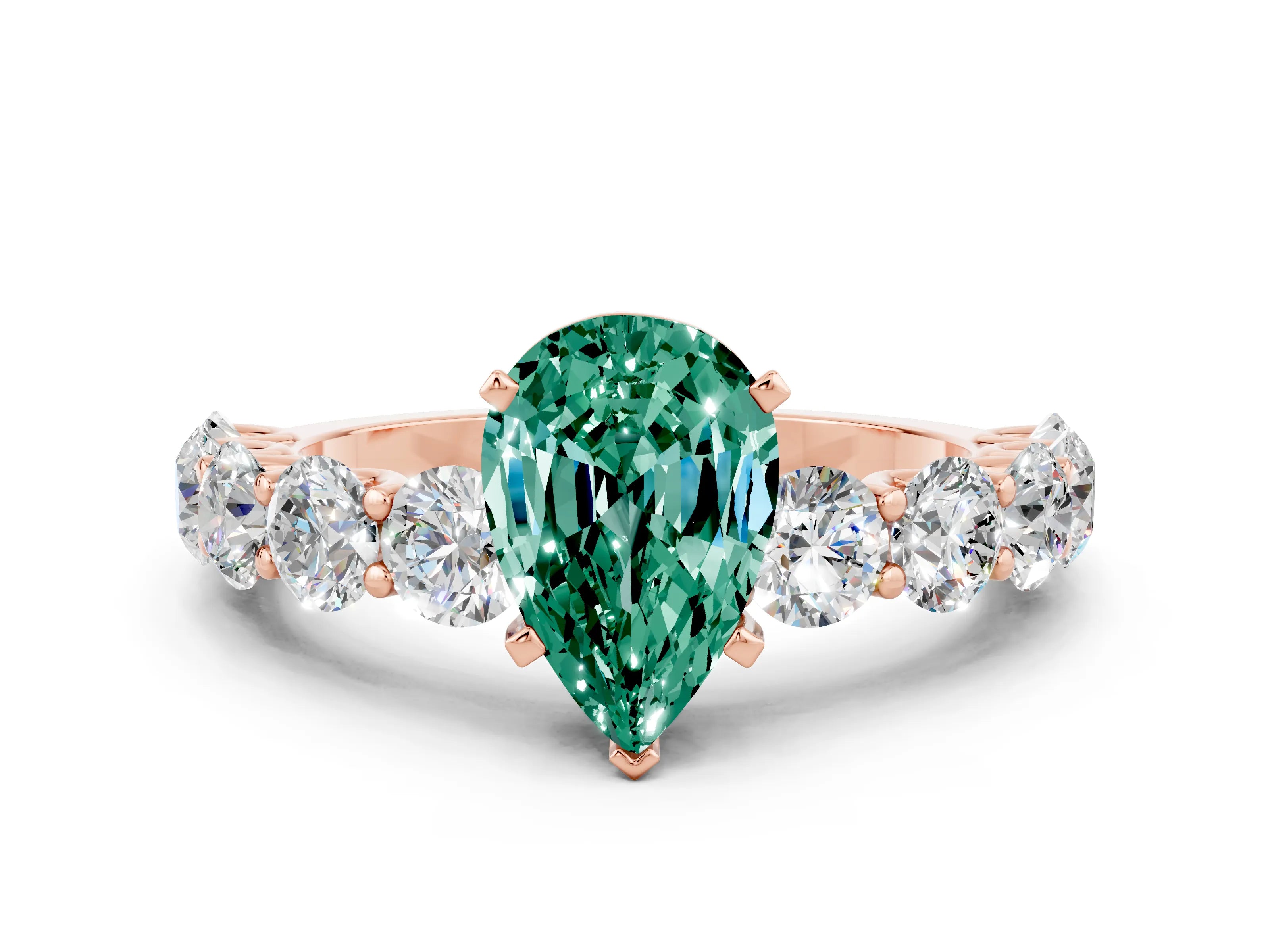 Rose gold Pear Cut Green Sapphire Prong Setting with Side Stones on a Pave Band