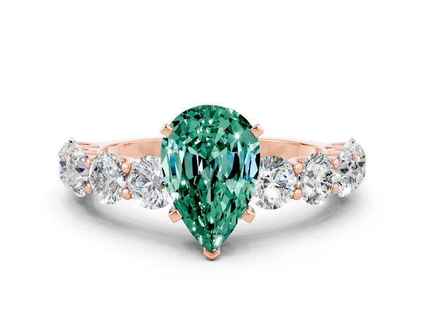 Rose gold Pear Cut Green Sapphire Prong Setting with Side Stones on a Pave Band