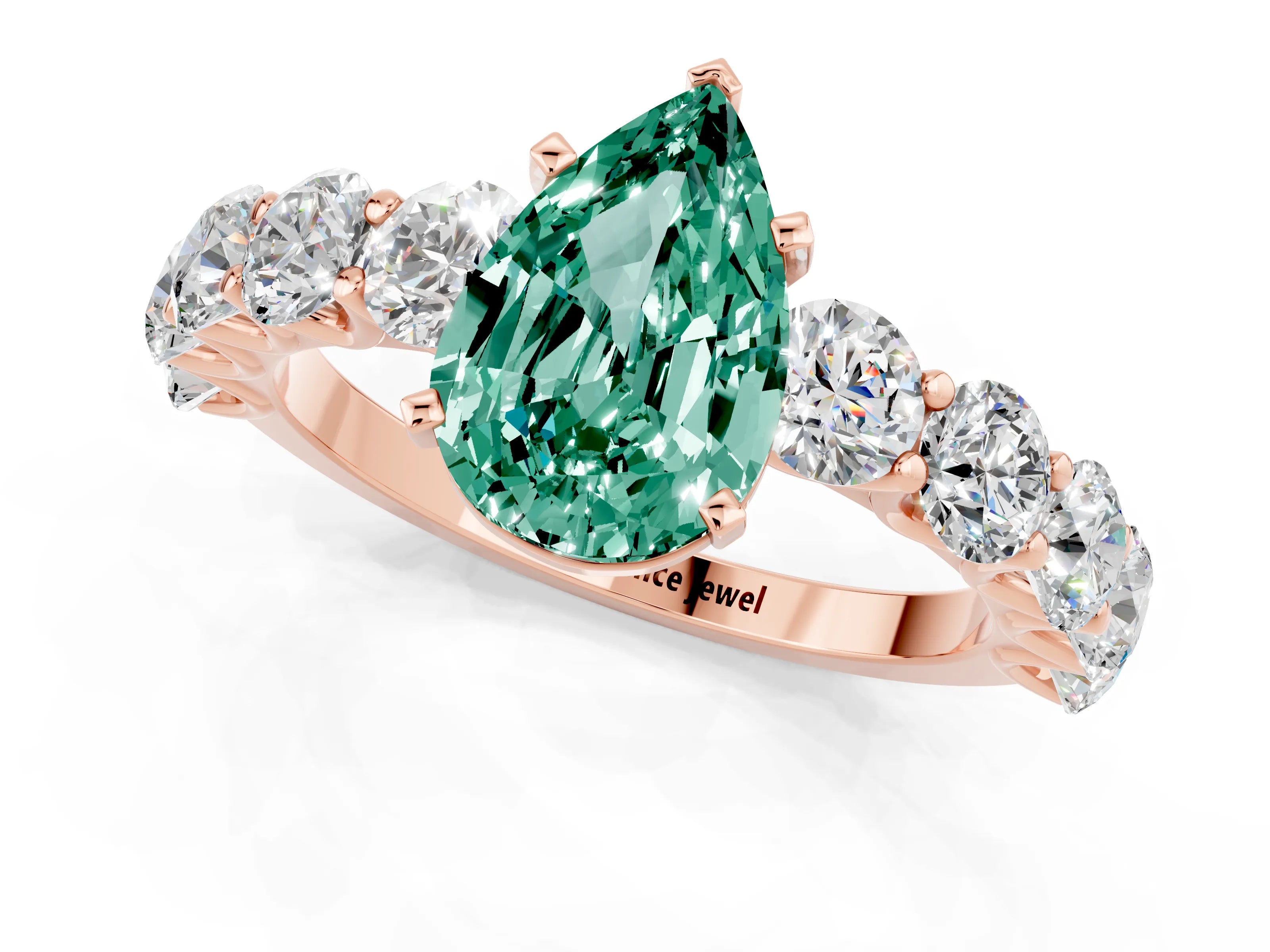 Rose gold Pear Cut Green Sapphire Prong Setting with Side Stones on a Pave Band_1