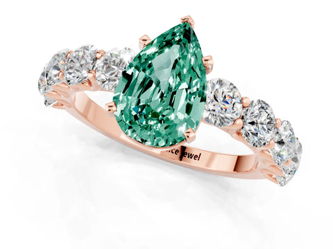 Rose gold Pear Cut Green Sapphire Prong Setting with Side Stones on a Pave Band_1