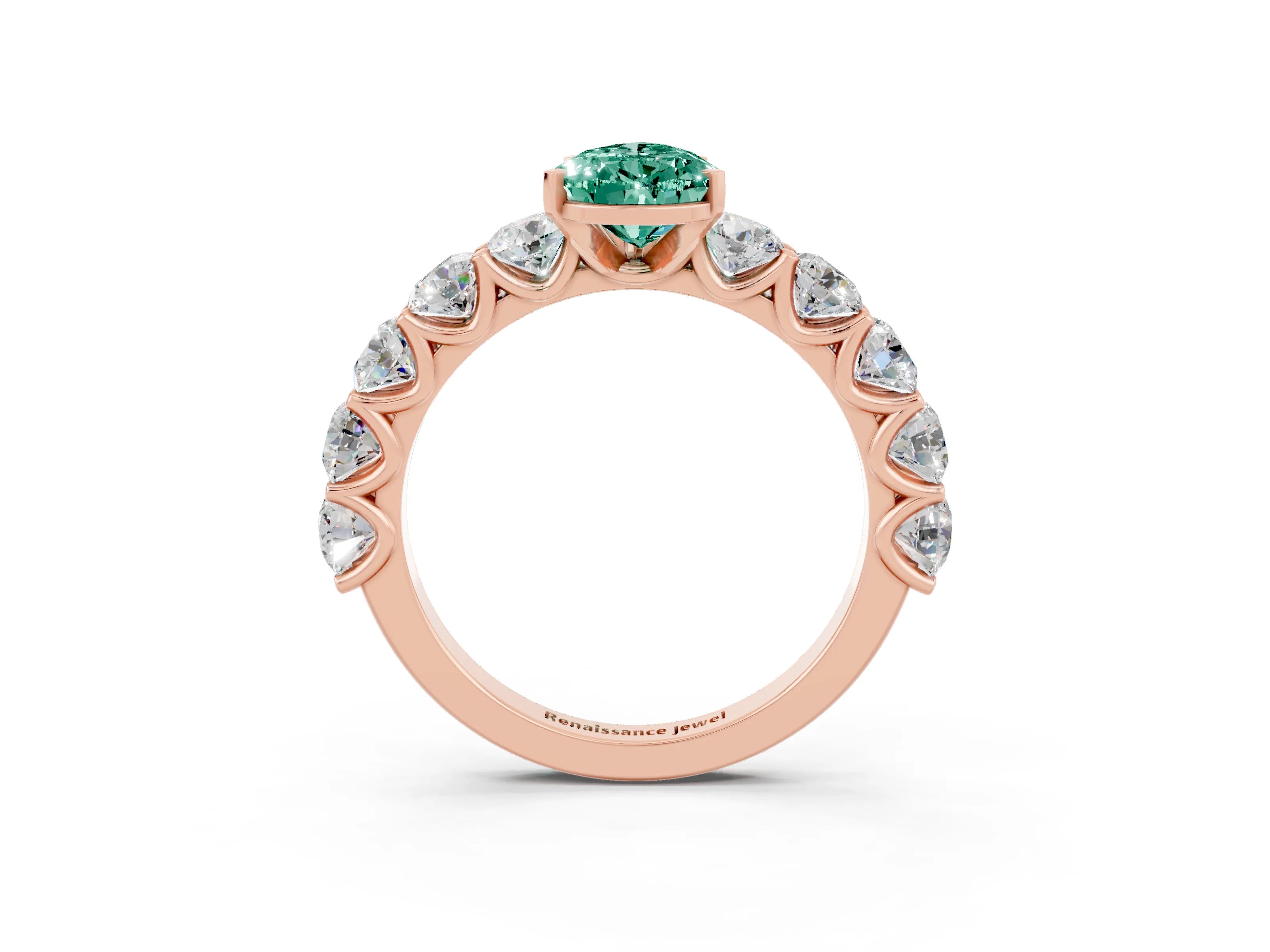 Rose gold Pear Cut Green Sapphire Prong Setting with Side Stones on a Pave Band_3