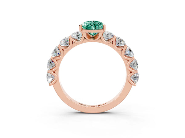 Rose gold Pear Cut Green Sapphire Prong Setting with Side Stones on a Pave Band