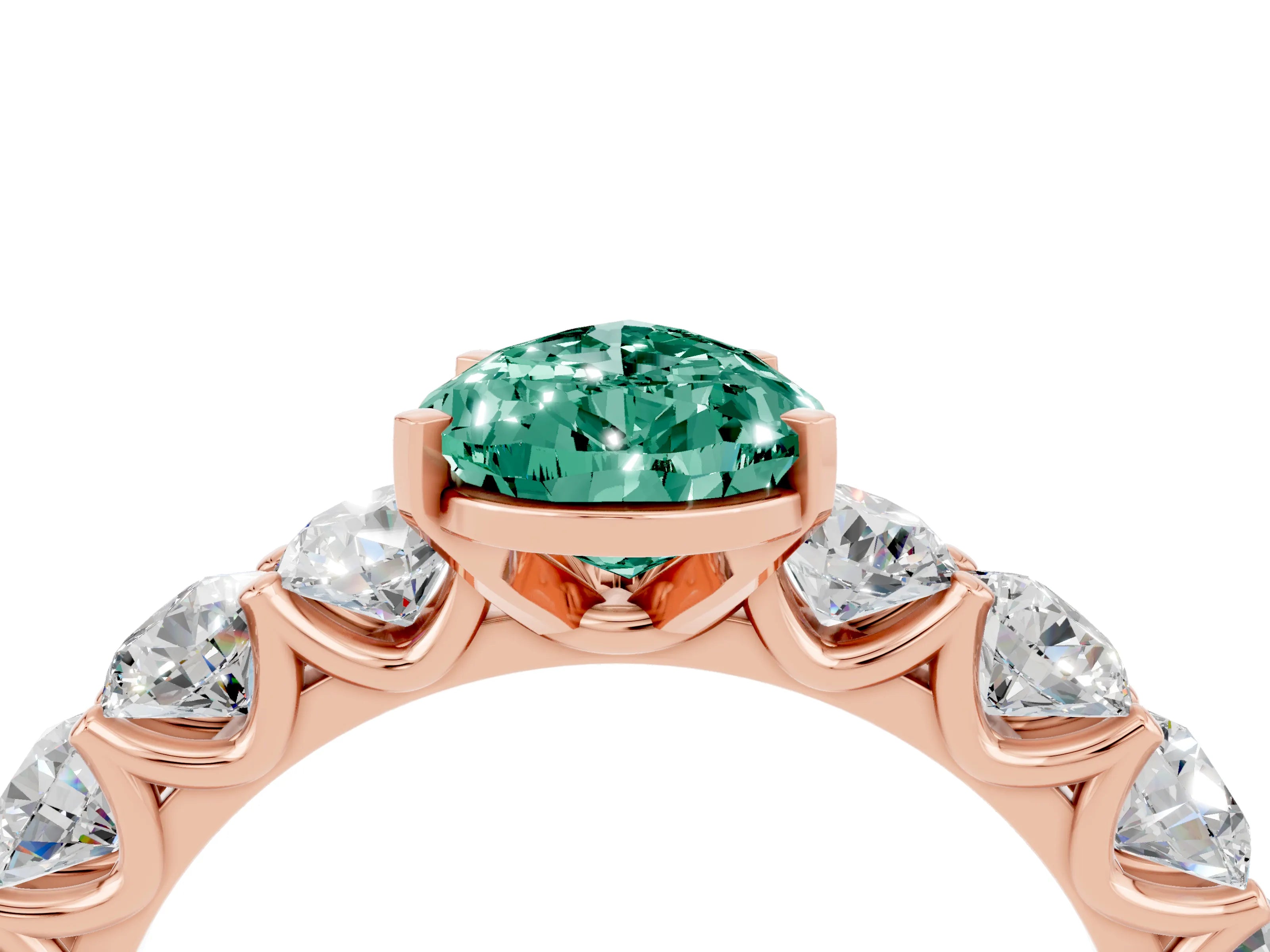 Rose gold Pear Cut Green Sapphire Prong Setting with Side Stones on a Pave Band_4