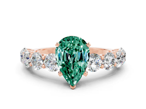 Rose gold Pear Cut Green Sapphire Prong Setting with Side Stones on a Pave Band