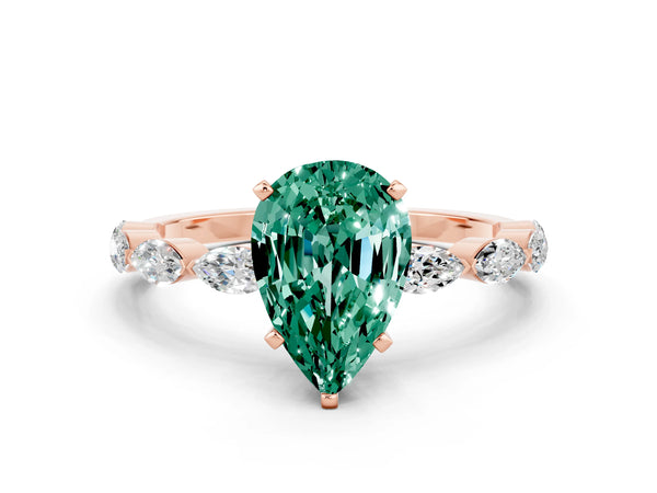 Rose gold Pear Cut Green Sapphire Ring with Marquise Side Stones and Prong Setting