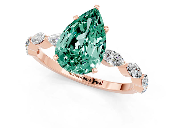 Rose gold Pear Cut Green Sapphire Ring with Marquise Side Stones and Prong Setting