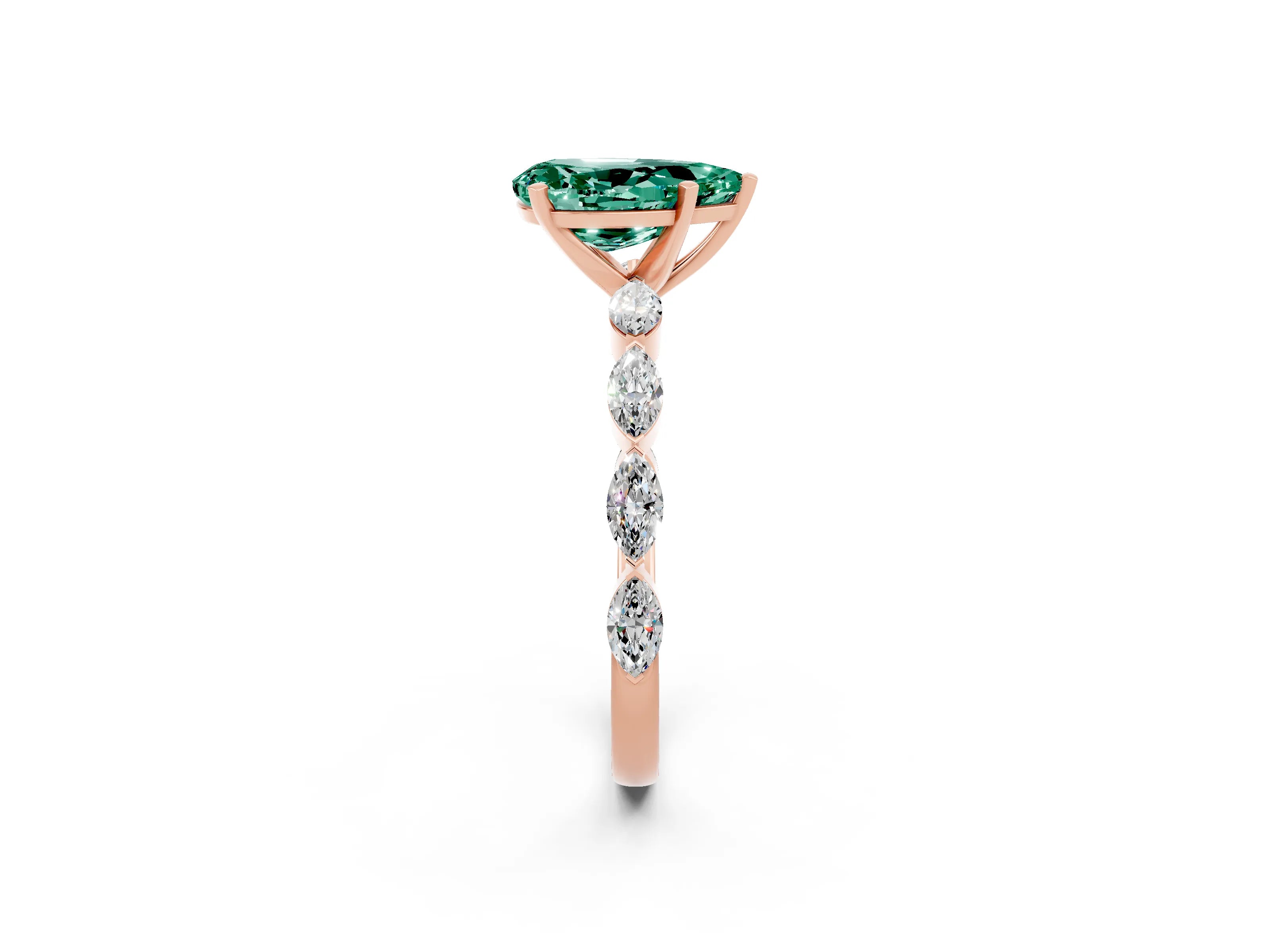 Rose gold Pear Cut Green Sapphire Ring with Marquise Side Stones and Prong Setting_2