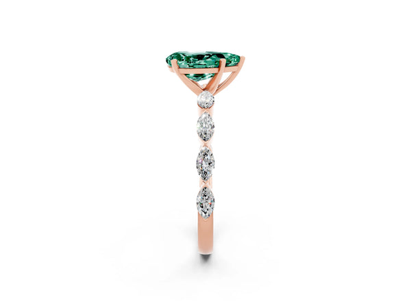 Rose gold Pear Cut Green Sapphire Ring with Marquise Side Stones and Prong Setting