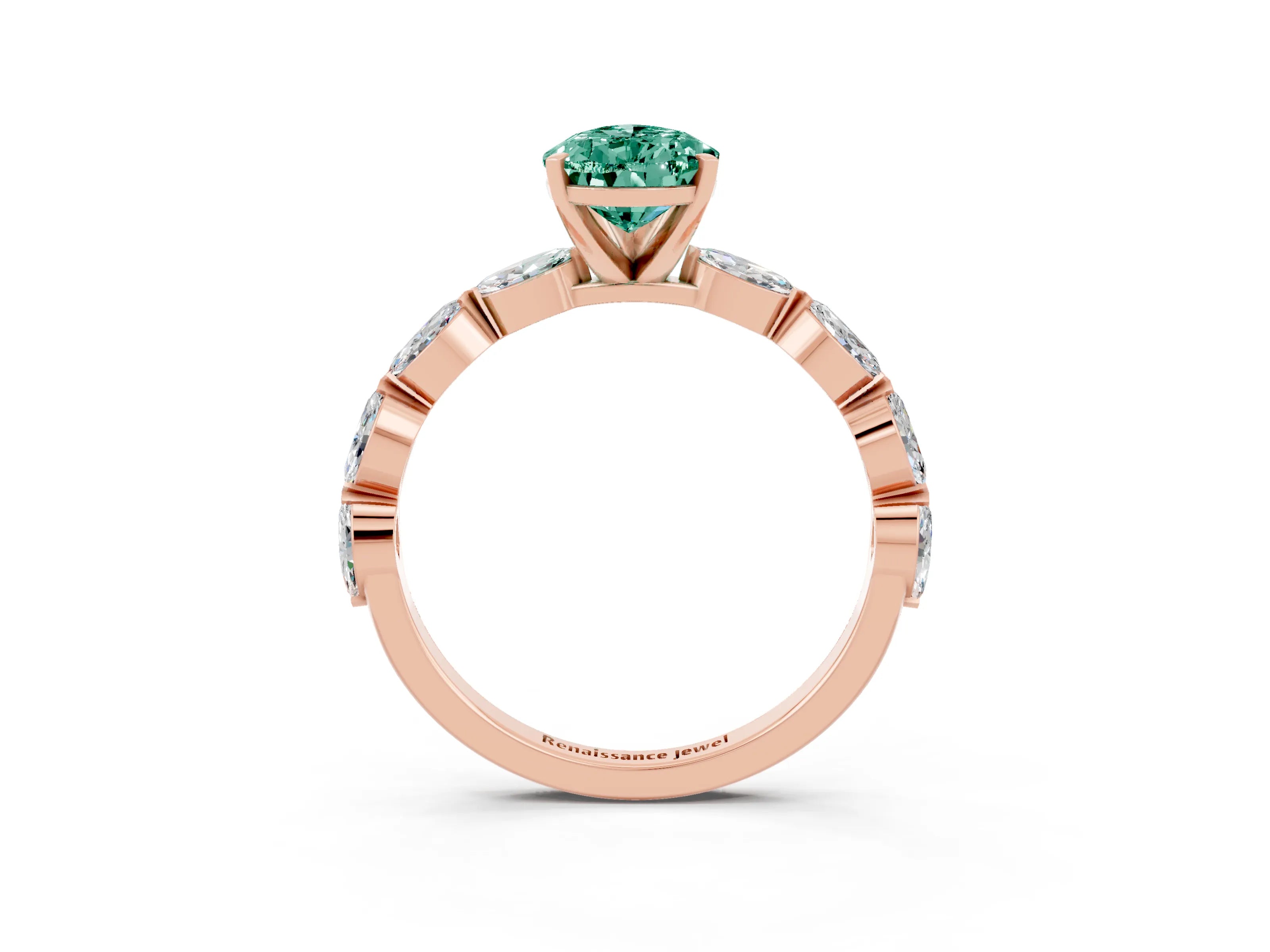 Rose gold Pear Cut Green Sapphire Ring with Marquise Side Stones and Prong Setting_3