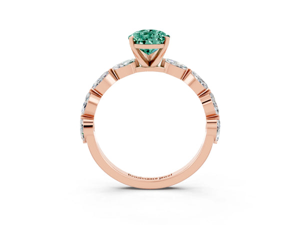 Rose gold Pear Cut Green Sapphire Ring with Marquise Side Stones and Prong Setting